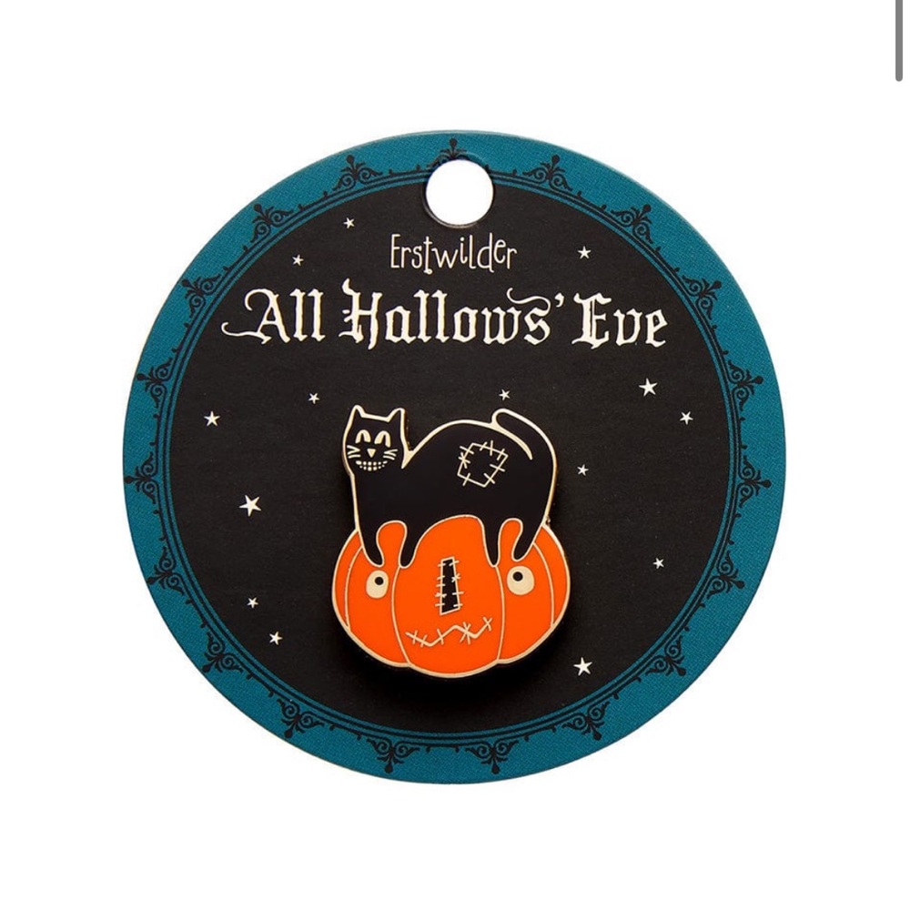 Erstwilder Jack The Cat All Hallows Eve Lapel Pin Happy Black Cat on Pumpkin